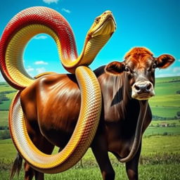 A surreal and artistic representation of a snake entwined around the body of a cow