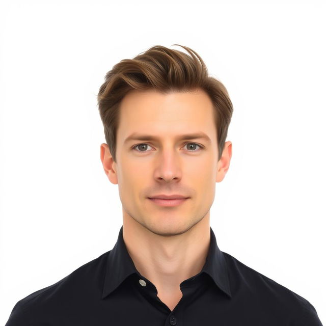 A clear, bright passport photo featuring a person of Caucasian descent, standing against a plain white background