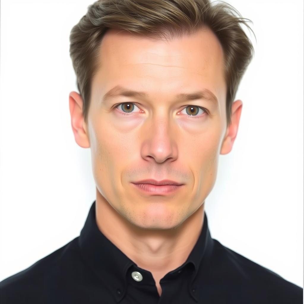 A clear, bright passport photo featuring a person of Caucasian descent, standing against a plain white background