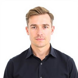 A clear, bright passport photo featuring a person of Caucasian descent, standing against a plain white background