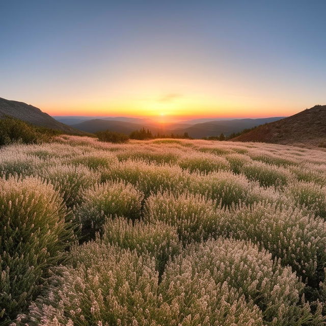 The ephemeral beauty of a delicate wildflower field under a serene, pastel sunset.