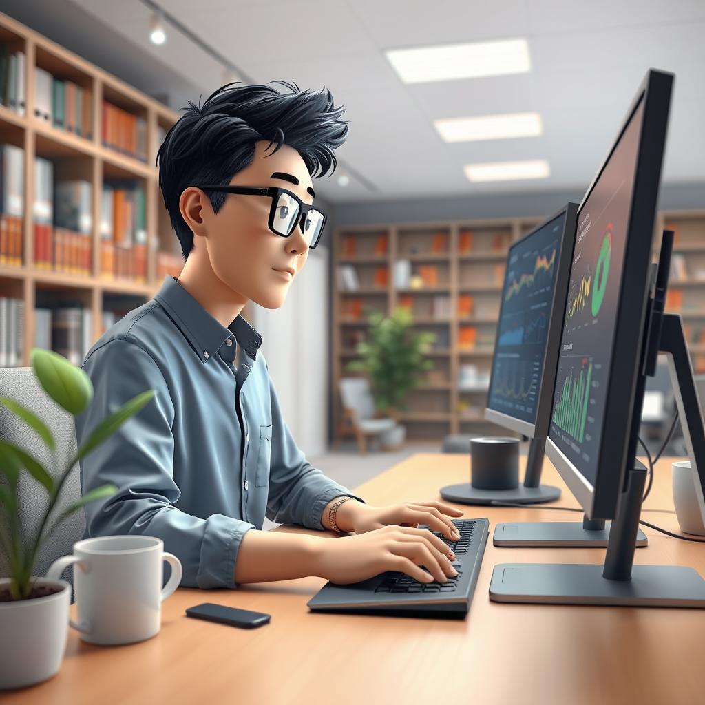 A wide shot depicting a person focused on their work, typing on a keyboard while looking at a monitor at a desk