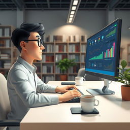 A wide shot depicting a person focused on their work, typing on a keyboard while looking at a monitor at a desk