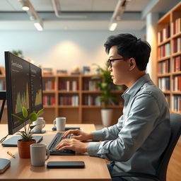 A wide shot depicting a person focused on their work, typing on a keyboard while looking at a monitor at a desk