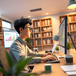A wide shot depicting a person focused on their work, typing on a keyboard while looking at a monitor at a desk