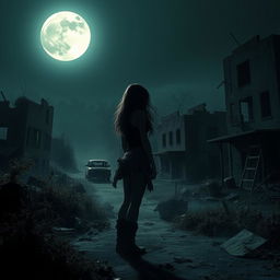 An eerie, abandoned apocalyptic town at night, illuminated by a pale, ghostly moon