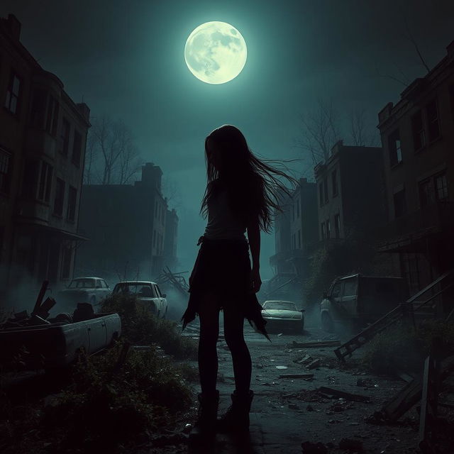 An eerie, abandoned apocalyptic town at night, illuminated by a pale, ghostly moon