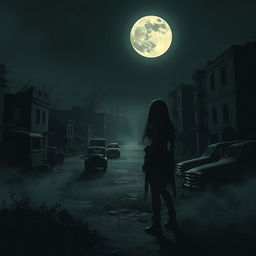 An eerie, abandoned apocalyptic town at night, illuminated by a pale, ghostly moon