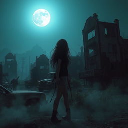 An eerie, abandoned apocalyptic town at night, illuminated by a pale, ghostly moon