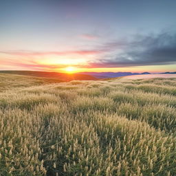 The ephemeral beauty of a delicate wildflower field under a serene, pastel sunset.