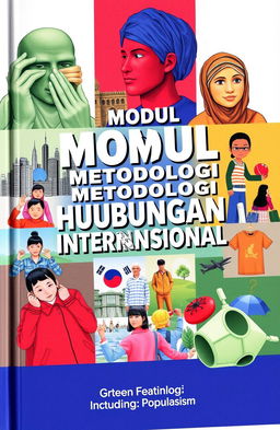 A vibrant and thought-provoking cover design for an International Relations methodology module, measuring 210 x 297 millimeters