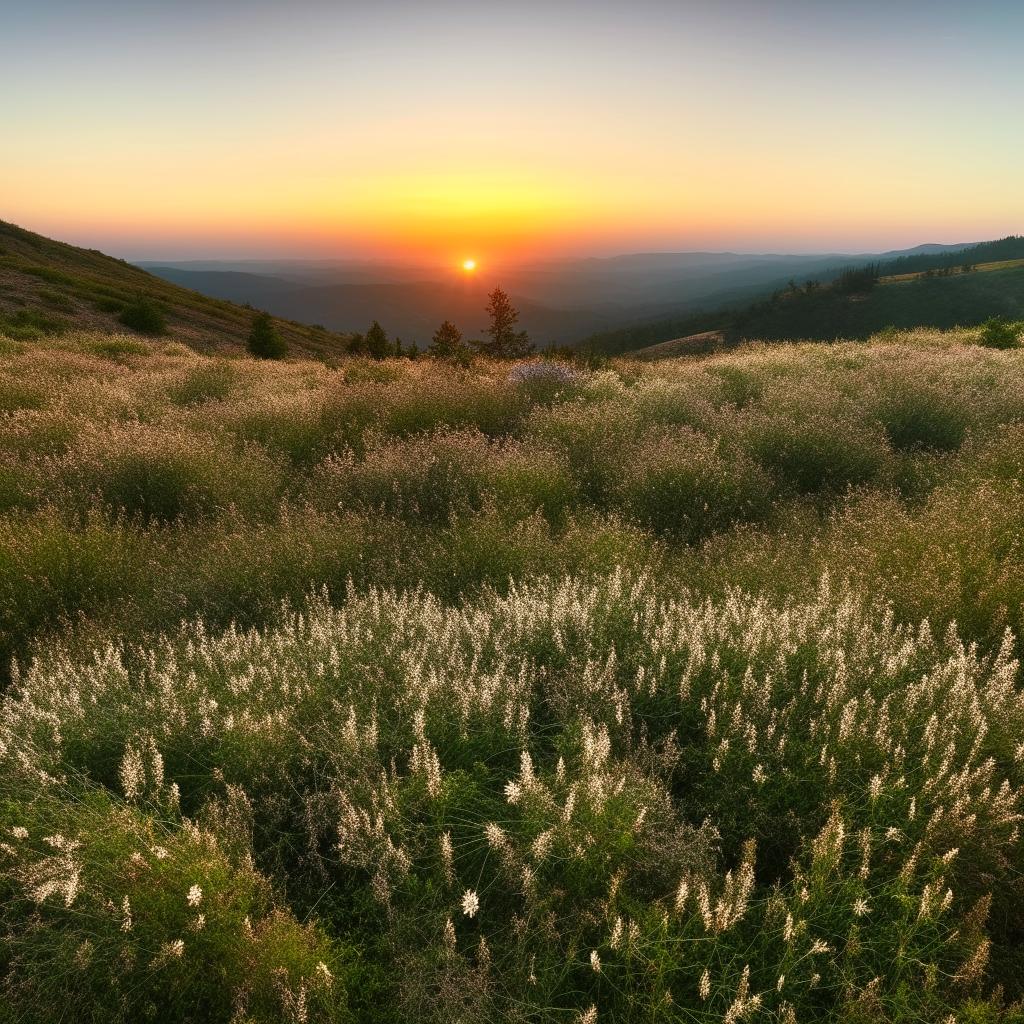 The ephemeral beauty of a delicate wildflower field under a serene, pastel sunset.