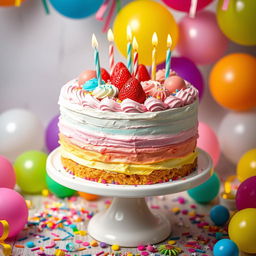 A vibrant and colorful birthday cake, beautifully decorated with layers of soft icing and rich frosting in shades of pink, blue, and yellow