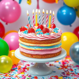 A vibrant and colorful birthday cake, beautifully decorated with layers of soft icing and rich frosting in shades of pink, blue, and yellow