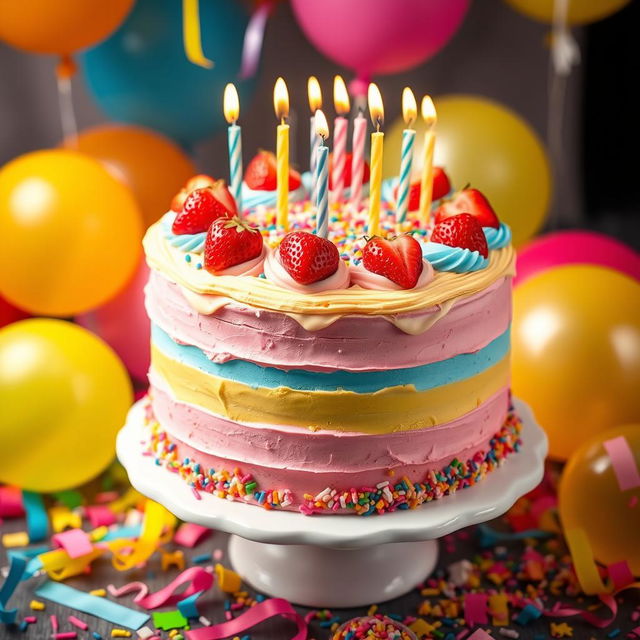 A vibrant and colorful birthday cake, beautifully decorated with layers of soft icing and rich frosting in shades of pink, blue, and yellow