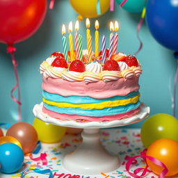 A vibrant and colorful birthday cake, beautifully decorated with layers of soft icing and rich frosting in shades of pink, blue, and yellow