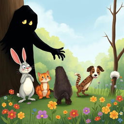 A whimsical illustration depicting a variety of animals expressing fear