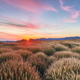 The ephemeral beauty of a delicate wildflower field under a serene, pastel sunset.