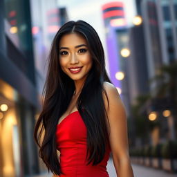A beautiful Asian woman with long, flowing black hair, wearing a form-fitting red dress that accentuates her curves