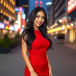 A beautiful Asian woman with long, flowing black hair, wearing a form-fitting red dress that accentuates her curves