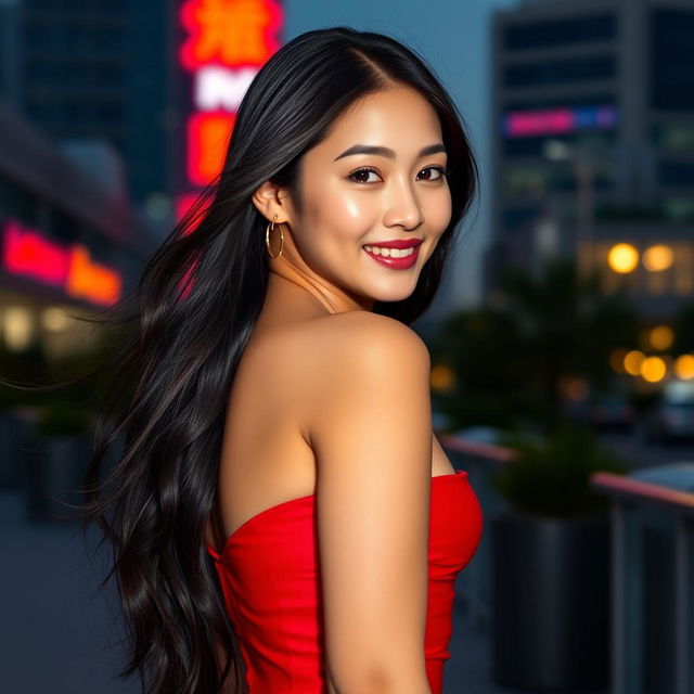 A beautiful Asian woman with long, flowing black hair, wearing a form-fitting red dress that accentuates her curves