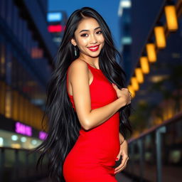 A beautiful Asian woman with long, flowing black hair, wearing a form-fitting red dress that accentuates her curves