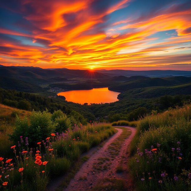 A stunning landscape featuring rolling hills under a vibrant sunset, with orange, pink, and purple hues painting the sky