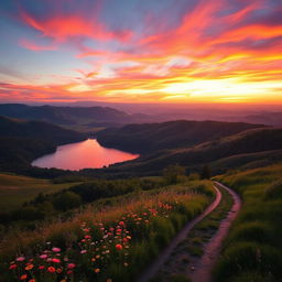 A stunning landscape featuring rolling hills under a vibrant sunset, with orange, pink, and purple hues painting the sky