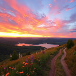 A stunning landscape featuring rolling hills under a vibrant sunset, with orange, pink, and purple hues painting the sky
