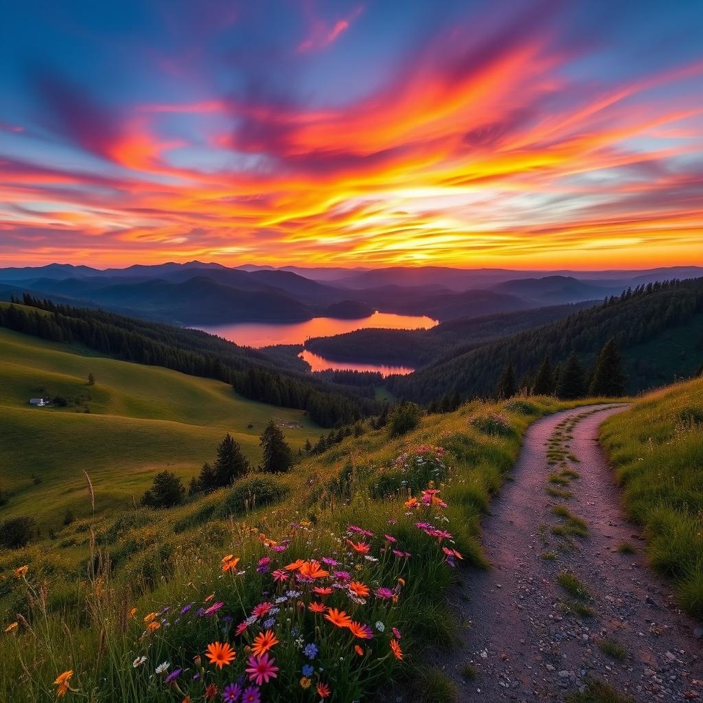 A stunning landscape featuring rolling hills under a vibrant sunset, with orange, pink, and purple hues painting the sky