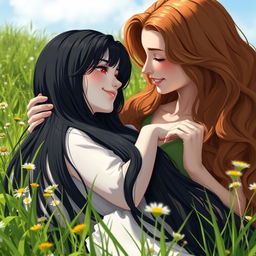 In a tranquil meadow, a girl with neck-length jet black hair reclines in the lap of a long-haired, wavy chestnut girl