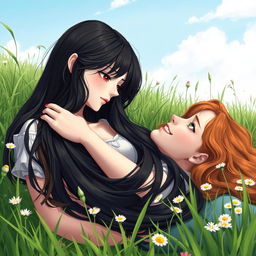 In a tranquil meadow, a girl with neck-length jet black hair reclines in the lap of a long-haired, wavy chestnut girl