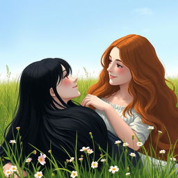 In a tranquil meadow, a girl with neck-length jet black hair reclines in the lap of a long-haired, wavy chestnut girl