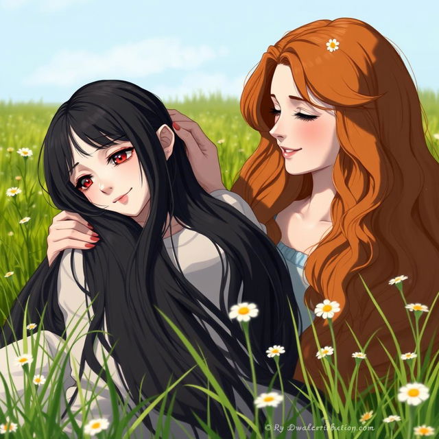 In a tranquil meadow, a girl with neck-length jet black hair reclines in the lap of a long-haired, wavy chestnut girl