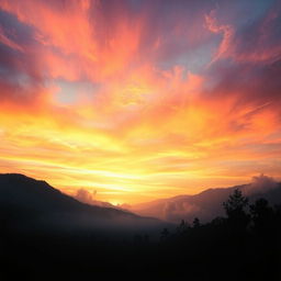 A surreal landscape depicting a stark contrast where the earth is enveloped in a deep darkness, perhaps a shadowy forest or barren land, while the sky above is ablaze with brilliant colors of a sunrise or sunset, showcasing vibrant oranges, yellows, and pinks