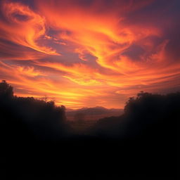 A surreal landscape depicting a stark contrast where the earth is enveloped in a deep darkness, perhaps a shadowy forest or barren land, while the sky above is ablaze with brilliant colors of a sunrise or sunset, showcasing vibrant oranges, yellows, and pinks