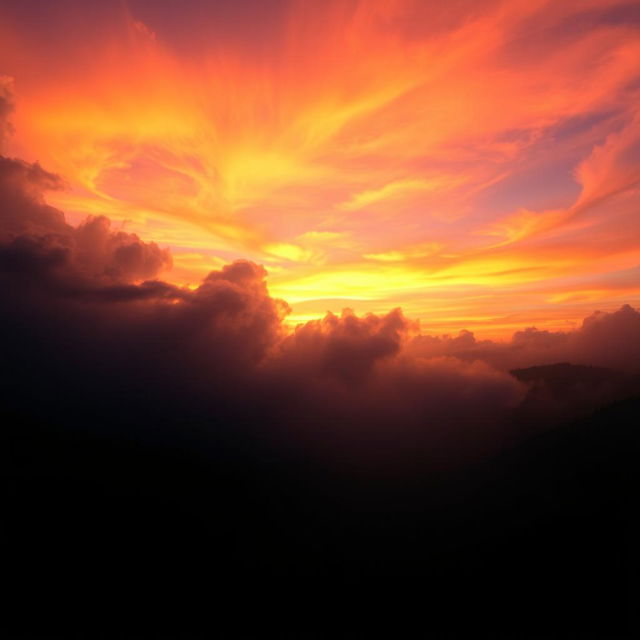 A surreal landscape depicting a stark contrast where the earth is enveloped in a deep darkness, perhaps a shadowy forest or barren land, while the sky above is ablaze with brilliant colors of a sunrise or sunset, showcasing vibrant oranges, yellows, and pinks