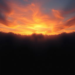 A surreal landscape depicting a stark contrast where the earth is enveloped in a deep darkness, perhaps a shadowy forest or barren land, while the sky above is ablaze with brilliant colors of a sunrise or sunset, showcasing vibrant oranges, yellows, and pinks