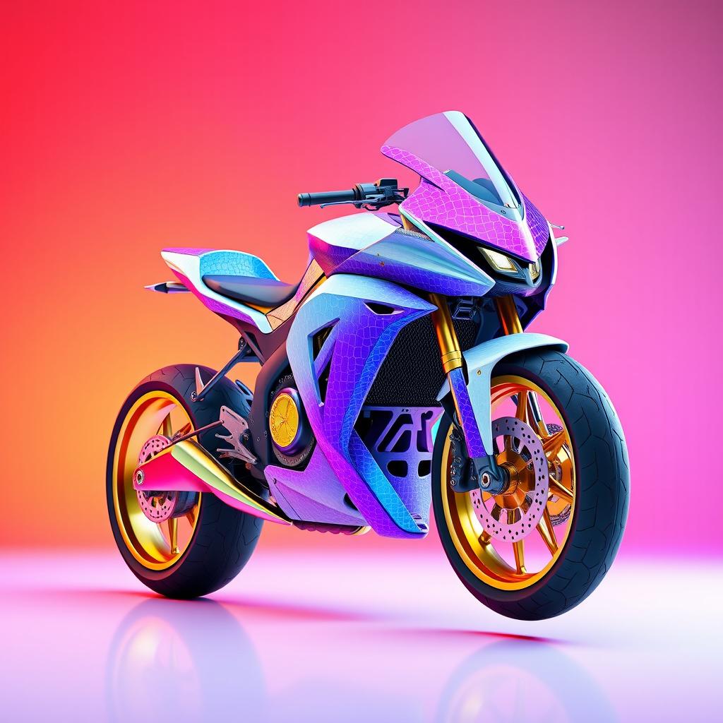 A 3D rendering of a futuristic motorcycle with a stunningly unique design