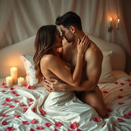 A sensual scene featuring an artistic interpretation of intimacy, with soft lighting and a romantic atmosphere, two adults intertwined in an elegant embrace, their faces displaying a mix of passion and tenderness