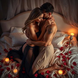 A sensual scene featuring an artistic interpretation of intimacy, with soft lighting and a romantic atmosphere, two adults intertwined in an elegant embrace, their faces displaying a mix of passion and tenderness
