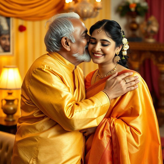 An intimate and affectionate scene depicting an elderly Indian man tenderly kissing a young woman, who is wearing a stunning gold saree with an elegant matching blouse