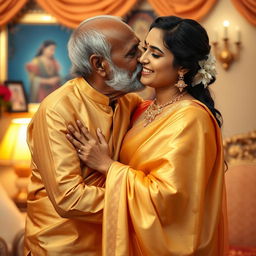 An intimate and affectionate scene depicting an elderly Indian man tenderly kissing a young woman, who is wearing a stunning gold saree with an elegant matching blouse