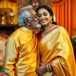 An intimate and affectionate scene depicting an elderly Indian man tenderly kissing a young woman, who is wearing a stunning gold saree with an elegant matching blouse