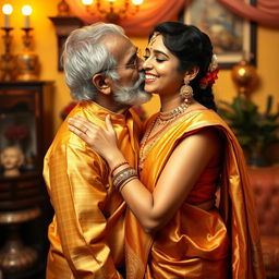 An intimate and affectionate scene depicting an elderly Indian man tenderly kissing a young woman, who is wearing a stunning gold saree with an elegant matching blouse