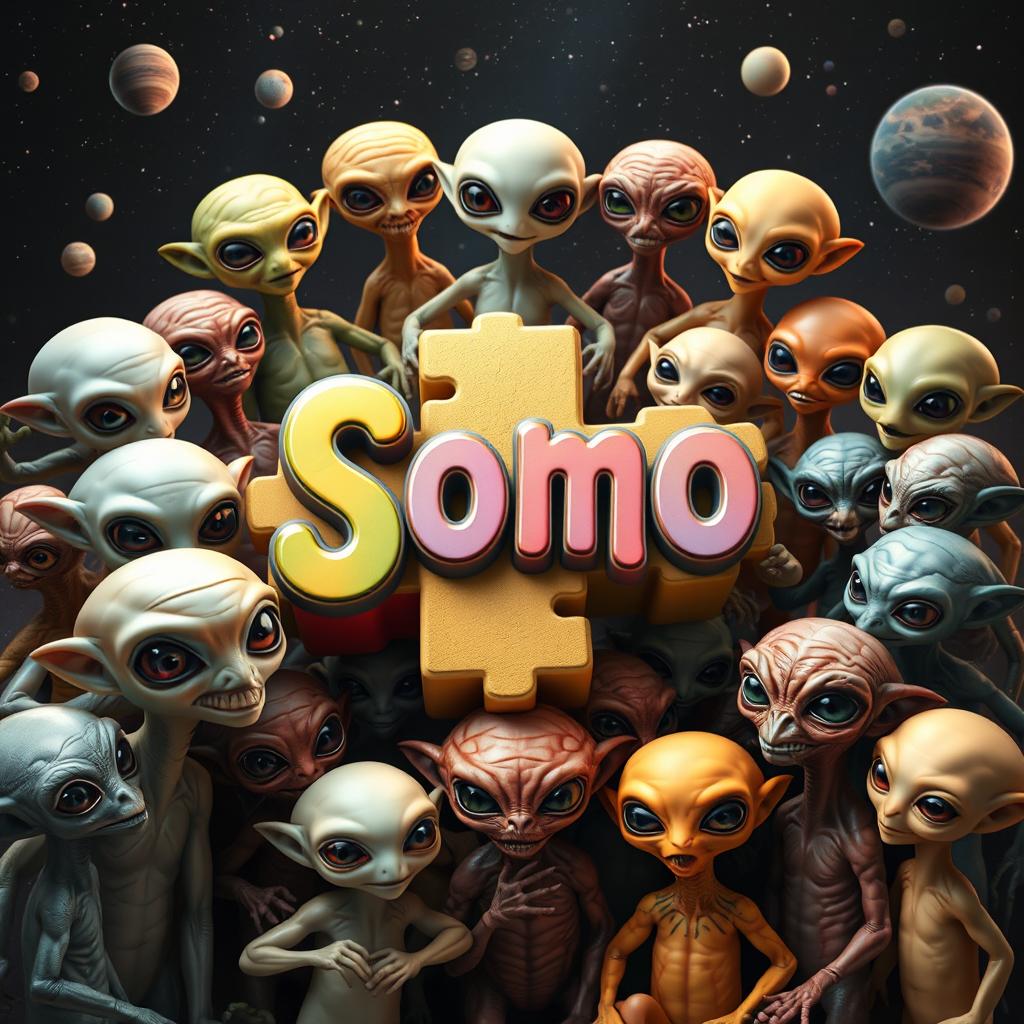 A diverse collection of aliens with unique appearances, showcasing a variety of skin colors, shapes, and features, all gathered around a large 3D puzzle