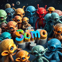 A diverse collection of aliens with unique appearances, showcasing a variety of skin colors, shapes, and features, all gathered around a large 3D puzzle