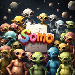 A diverse collection of aliens with unique appearances, showcasing a variety of skin colors, shapes, and features, all gathered around a large 3D puzzle
