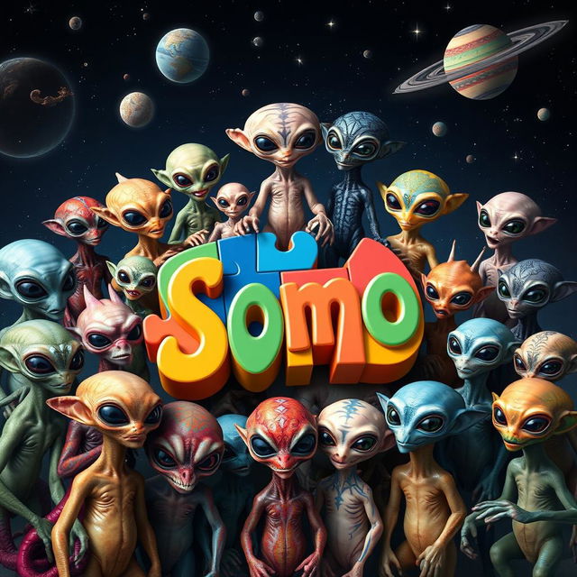 A diverse collection of aliens with unique appearances, showcasing a variety of skin colors, shapes, and features, all gathered around a large 3D puzzle