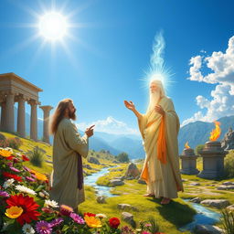 A majestic and mystical scene depicting Zoroaster, the ancient prophet of Zoroastrianism, engaging in a serene dialogue with Ahura Mazda, the supreme god of wisdom and light